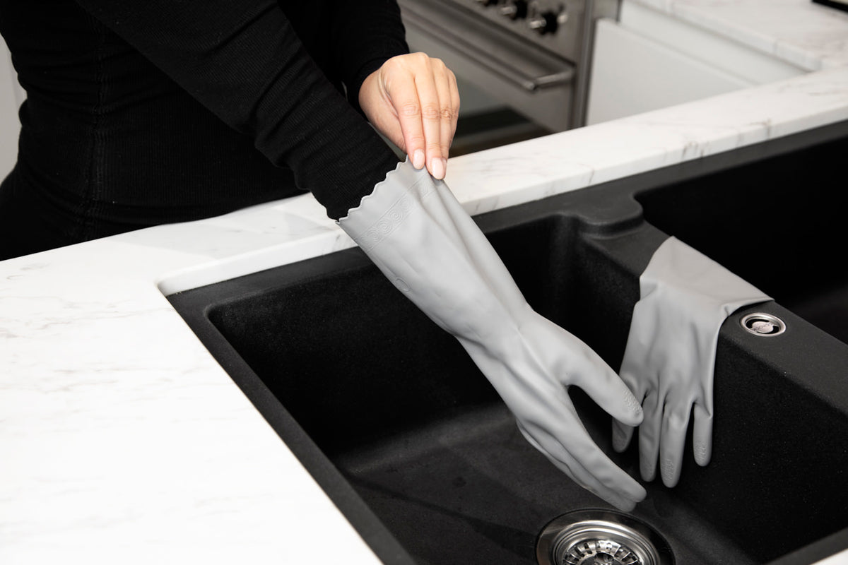 Barkly Basics grey kitchen gloves in compostable packaging