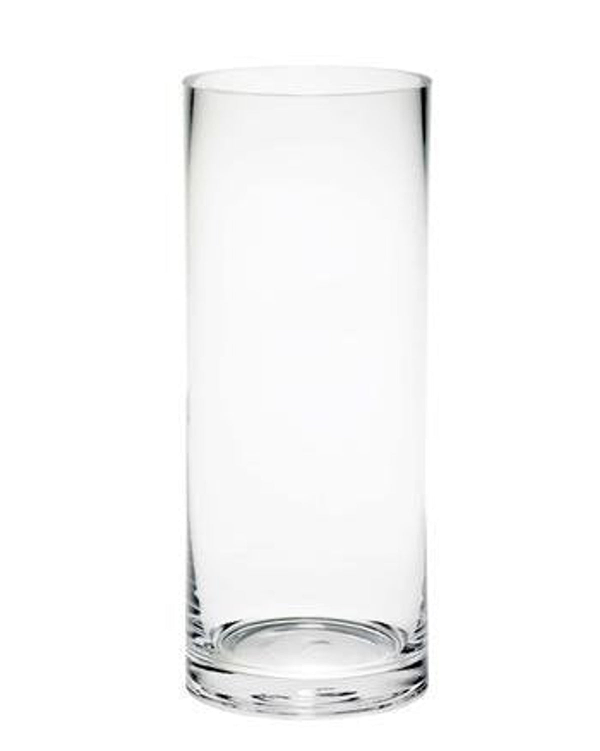 Single tall clear glass cylinder vase with a thick base on white
