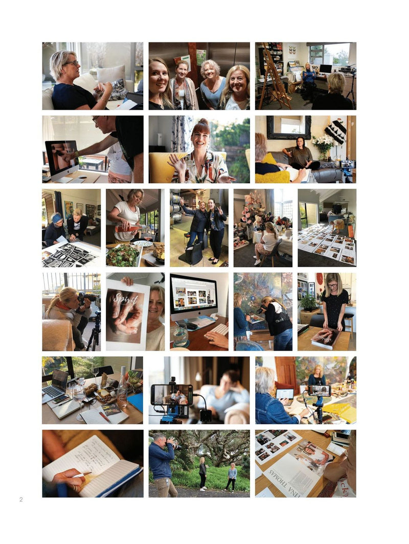 A collage of photos showcasing Spirit | Conversations With Creative Women by Books working in a room on various lifestyle and design projects in New Zealand.