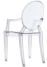 A Casper Dining Chair with Arms by Flux Home: a clear plastic chair with a back and arms.