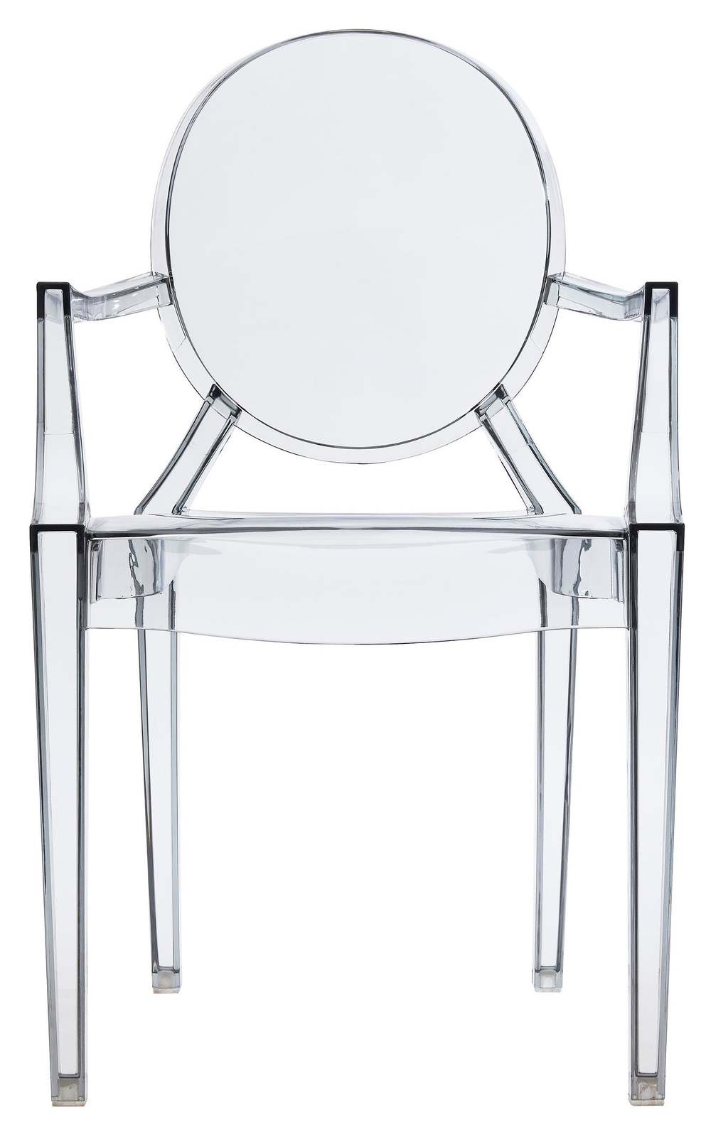 Front view of the clear acrylic armchair with the oval back centred above the seat