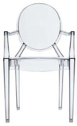 A Casper Dining Chair with Arms by Flux Home, a clear acrylic chair with a round back and arms.