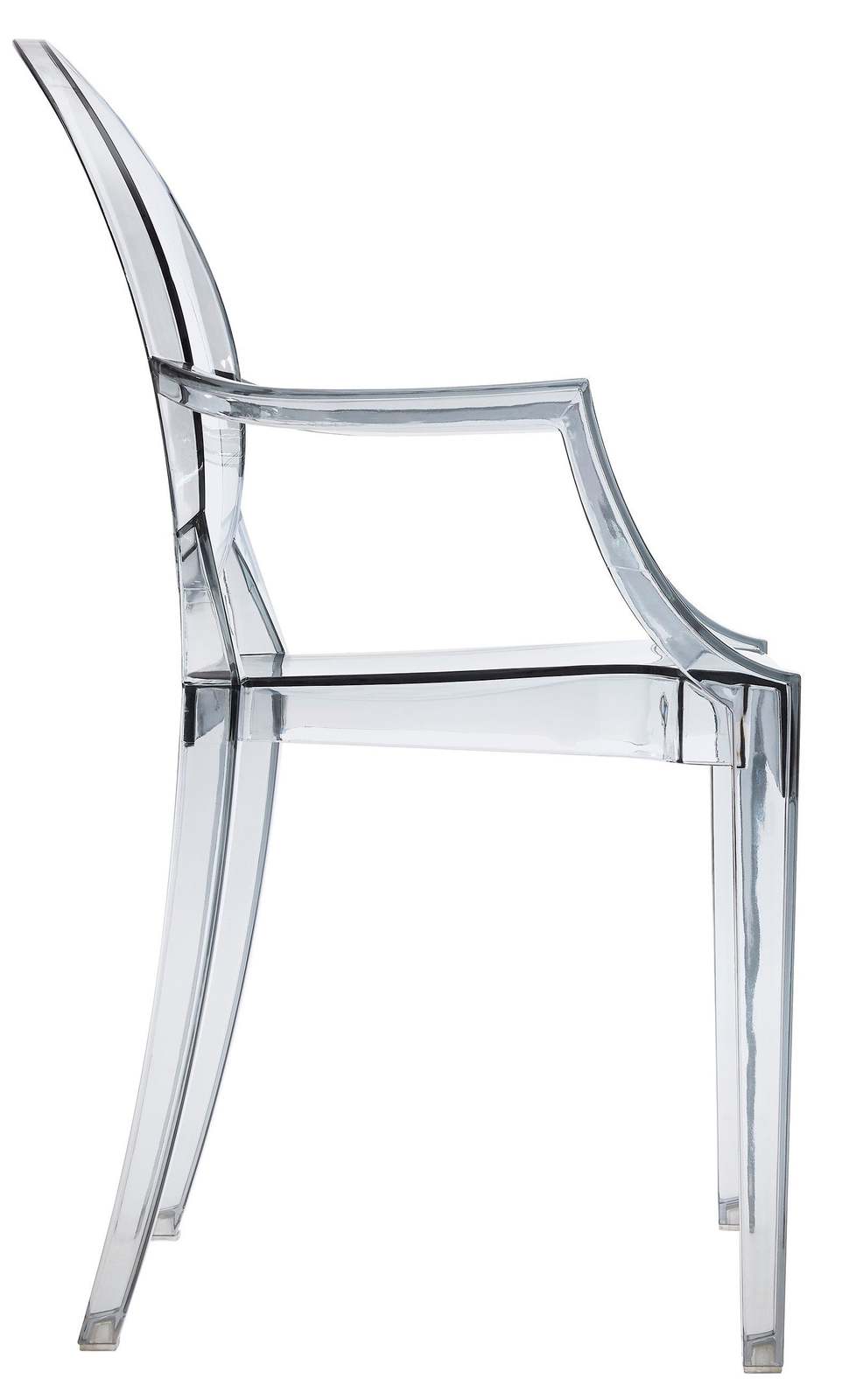 Side profile of the clear acrylic armchair, showing the curved arm and sloping back