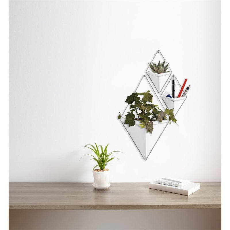 A white Umbra Trigg Wall Vessel | Large - White/Nickel displaying an indoor plant, serving as a decorative planter.