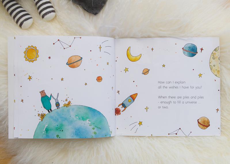 A children's book with a space theme and a teddy bear, called "MY WISHES FOR YOU" by Olive + Page.