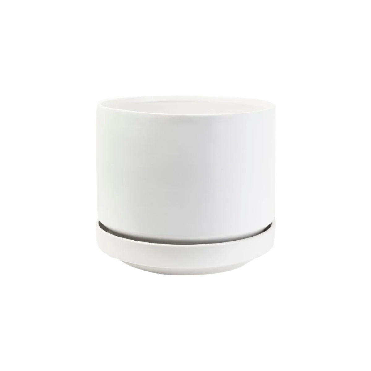 White Zurich ceramic planter with its matching saucer on a grey background