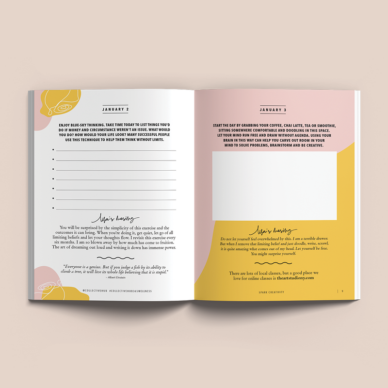 An open book of "365 Days of Wellness" with a pink and yellow cover featuring stylish design by Collective Hub.