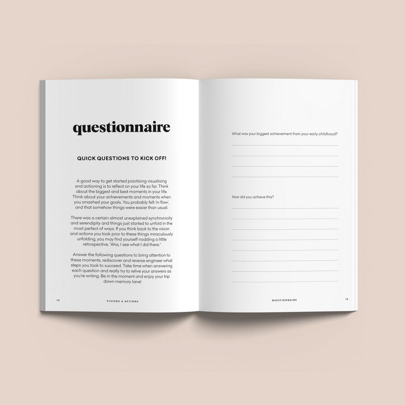 An open Visions & Actions Journal with the words questionnaire and goals written on its pages by Collective Hub.