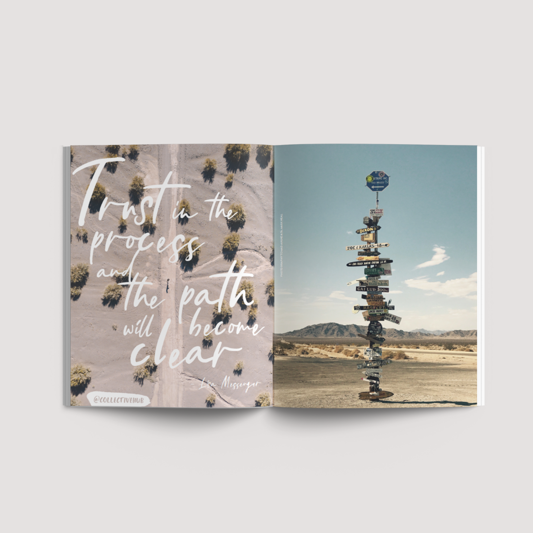 Collective Issue 55 open at a spread of a desert landscape with a sculptural cactus