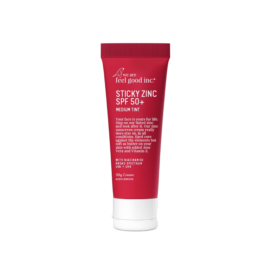 A tube of We Are Feel Good Inc. Sticky Zinc SPF 50+ sunscreen to protect it from water.
