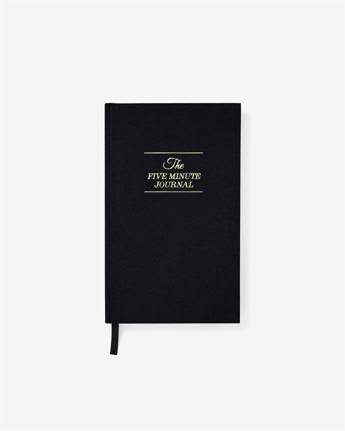 Five Minute Journal in black with gold lettering, front view