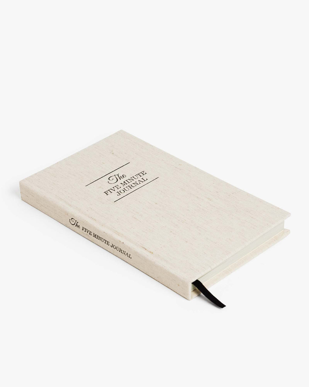 Linen Five Minute Journal lying at an angle with its ribbon marker