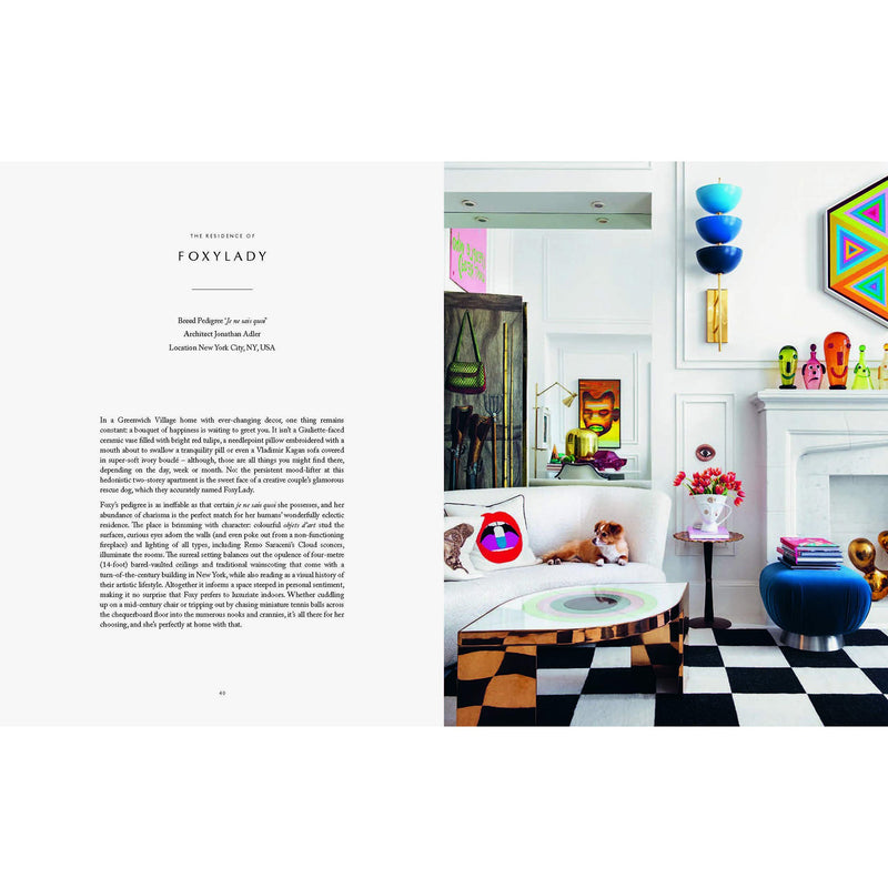 The interior of a living room with Resident Dog Volume 2 | Nicole England books and a black and white checkered floor.