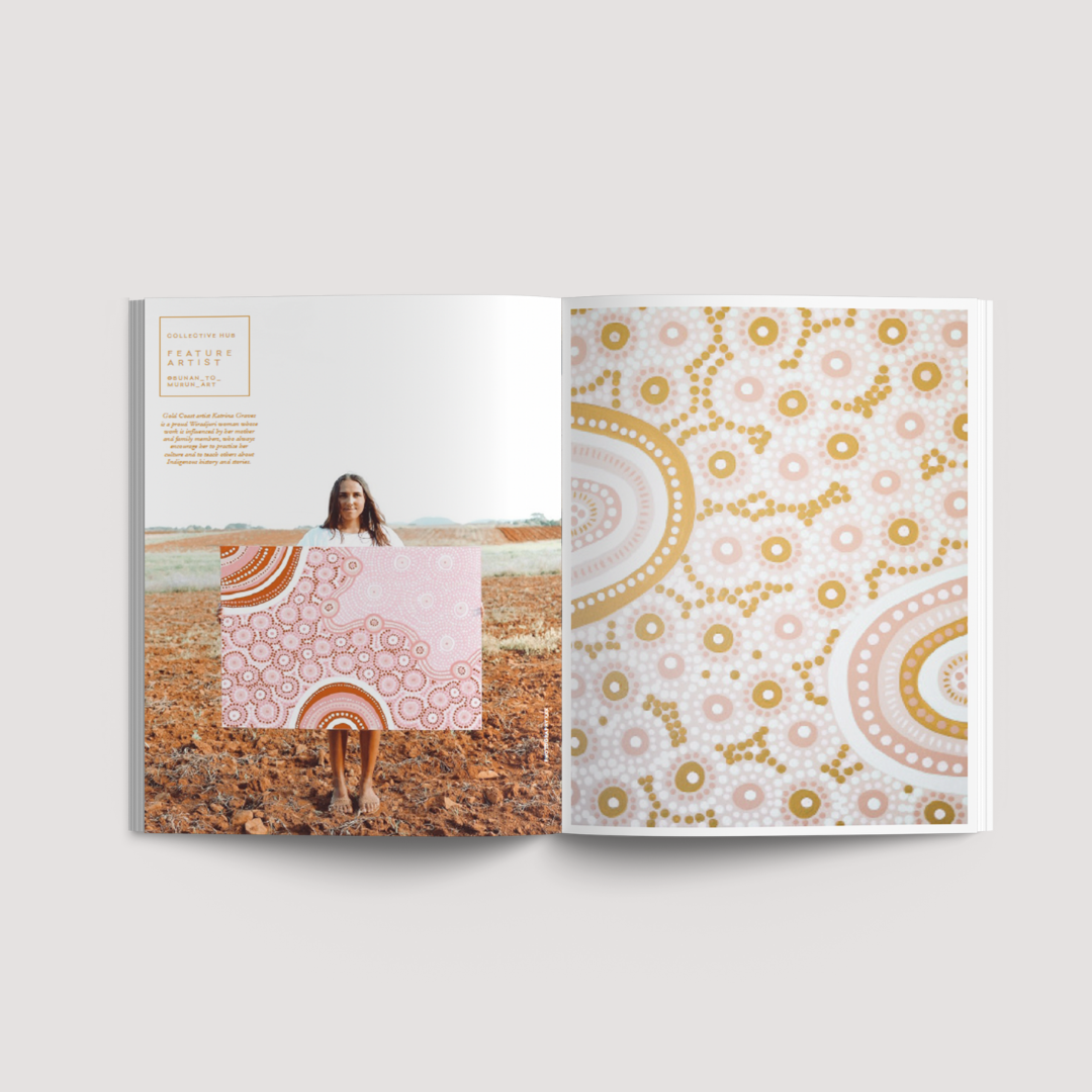 Collective Issue 55 spread pairing a woman in a pink field with a golden patterned artwork