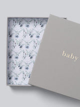 A Write To Me linen bound BABY | YOUR FIRST FIVE YEARS keepsake box with an image of a swan on it.