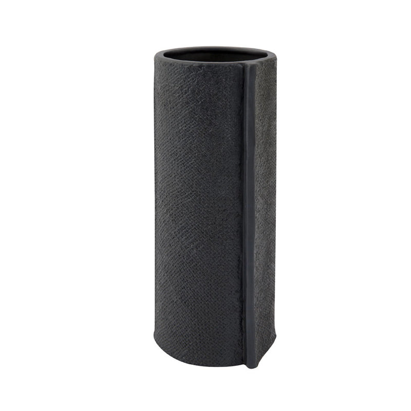 A minimalist design: a Zakkia Burlap Vase - Small Black on a white background.