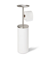 An Umbra Portaloo Toilet Paper Stand - White/Nickel with a roll of toilet paper stand.