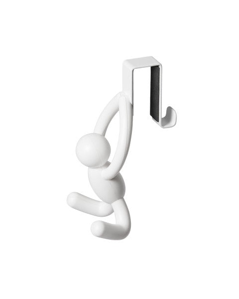 A white person hanging from a hook on a white background showcasing Umbra's Buddy OTD CAB Hook Set of 2.