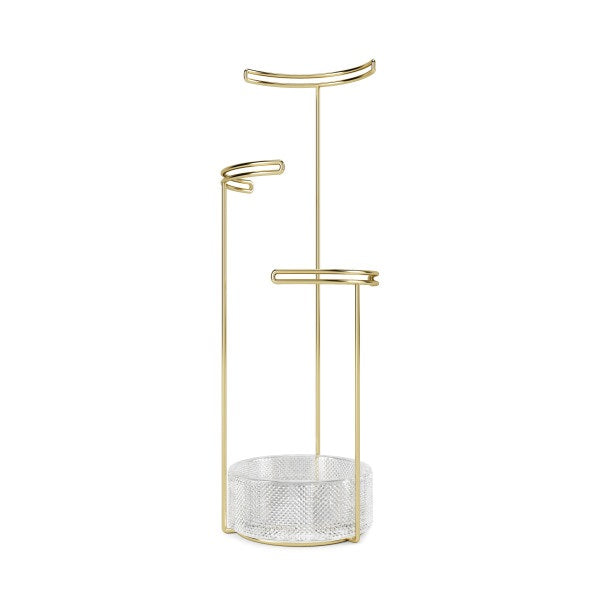 Tesora jewellery stand by Umbra with three brass posts and a cut glass dish base