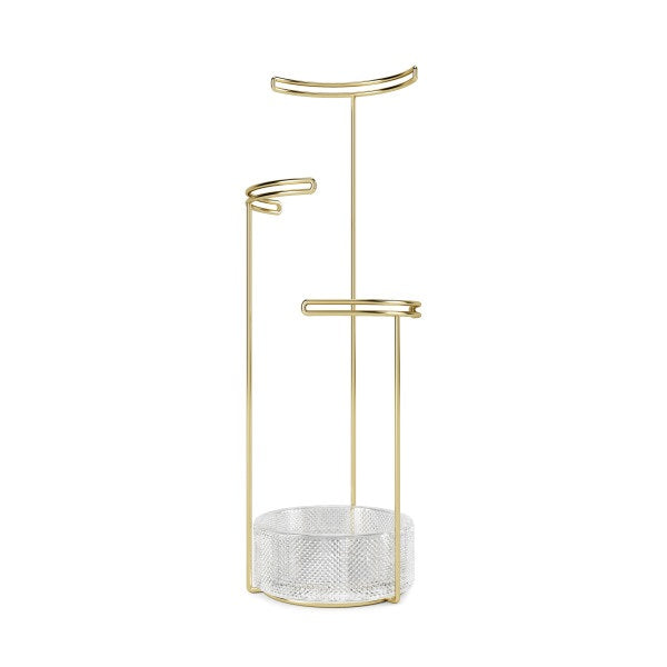 An industrial-inspired Umbra Tesora Jewellery Stand - Glass / Brass with a gold frame and marble accents on a white background.