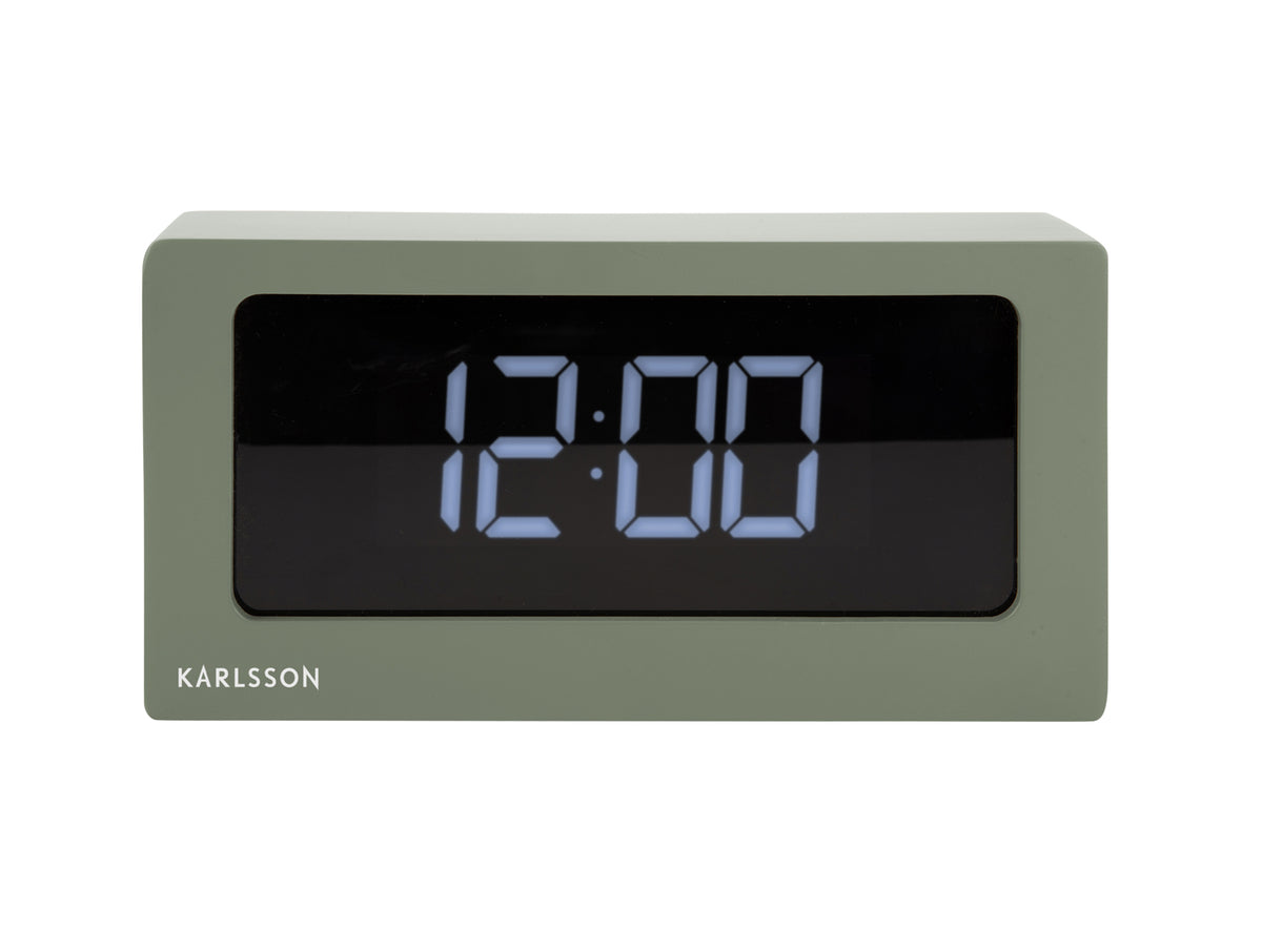 Karlsson Boxed LED Alarm Clock in green, front view showing LED display
