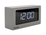 A Karlsson Boxed LED alarm clock with sleek design, featuring blue numbers on a grey surface.