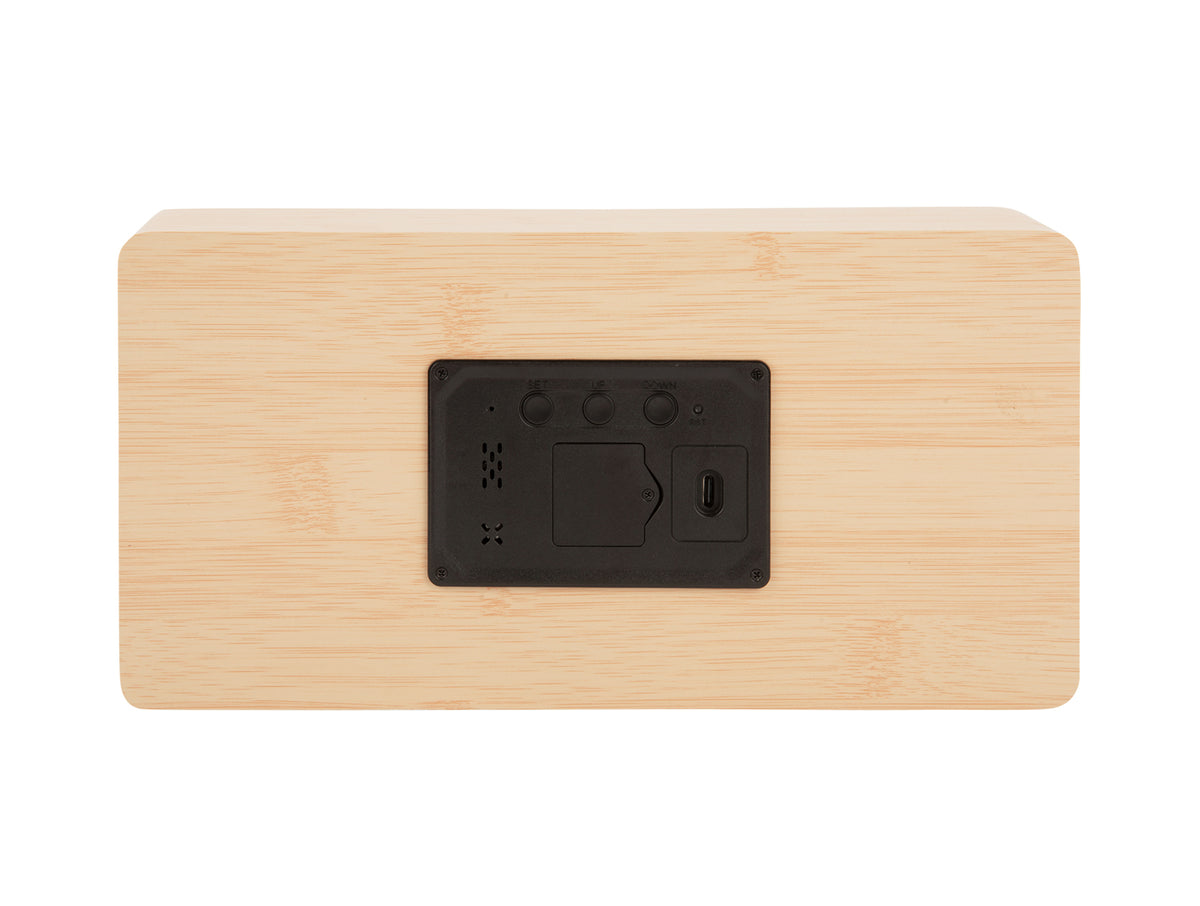 Karlsson Boxed LED Alarm Clock in light wood, angled view