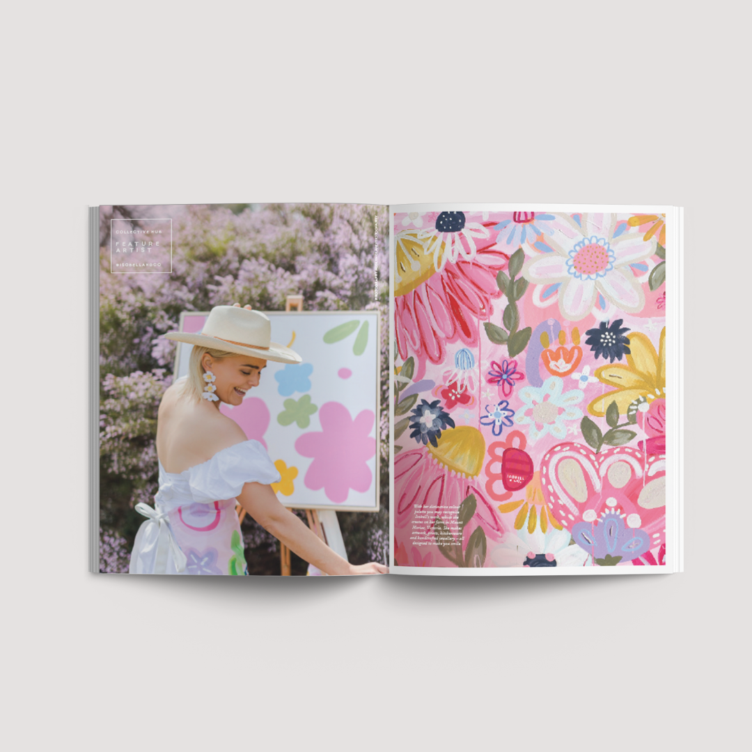 Collective Issue 55 spread of bright pink and floral artworks