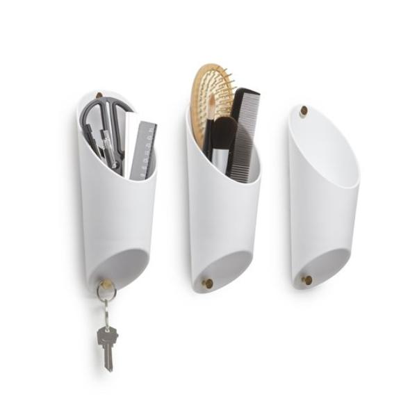 Three white Umbra Floralink wall mounted holders with keys and utensils.