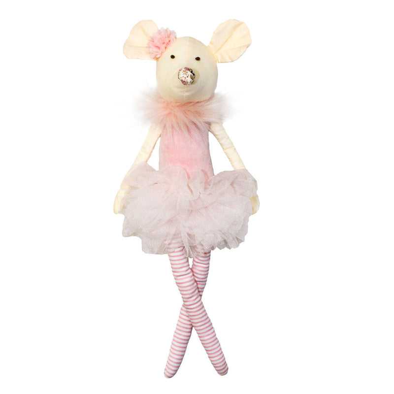 Ava Mouse Doll, a premier ballet dancer, wearing a pink tutu and striped tights at Marshmallow Park Ballet School.