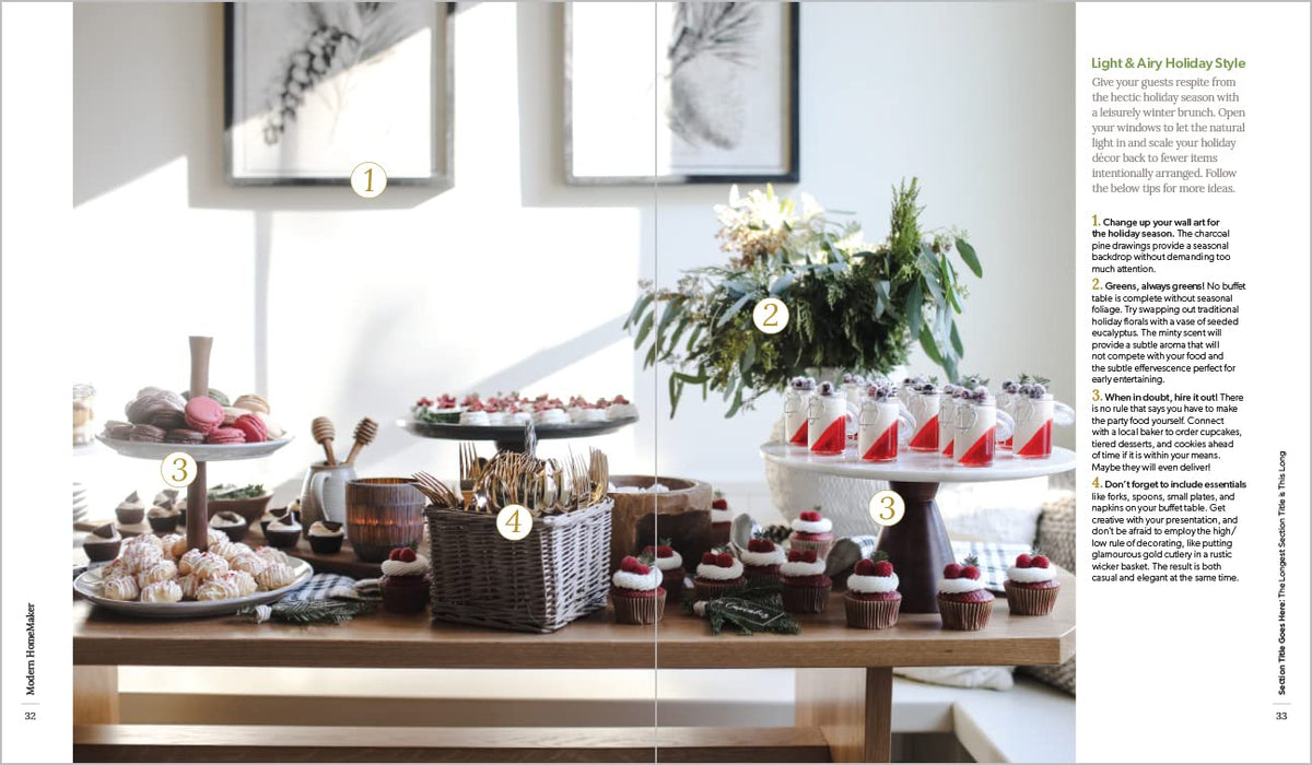 Modern HomeMaker page spread showing an entertaining setup