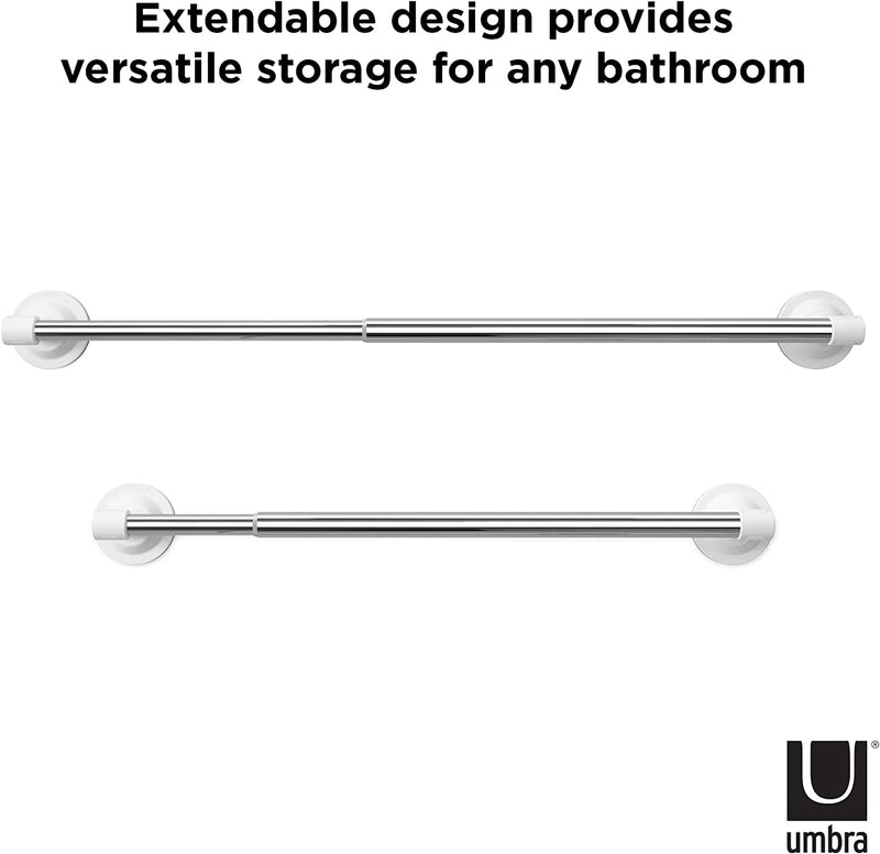 Extendable design of Umbra's Flex Sure-Lock Towel Bar Chrome provides vertical storage for any bathroom using Gel-Lock™ technology.
