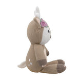 A Whimsical Knitted Toy (Ava the Fawn) from Living Textiles with embroidered details is sitting on a white background.