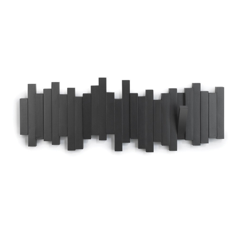 Umbra Sticks multi hook wall rack in black, flip-down hooks detail