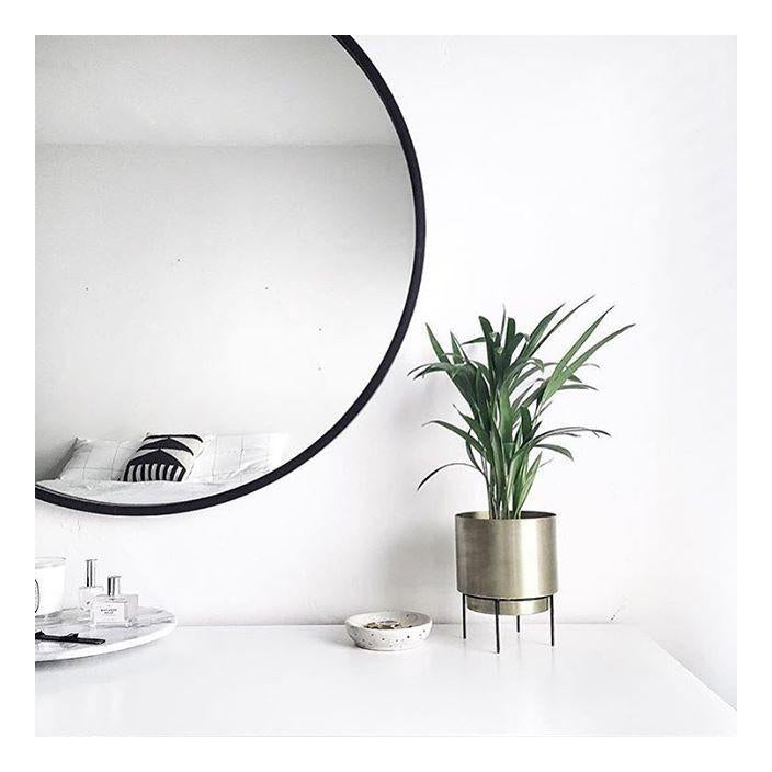 Umbra Hub 94cm round mirror in black above a console beside a potted palm