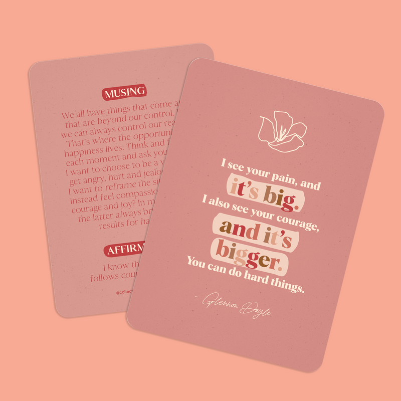 A pink card from the Collective Hub's "Affirmations to Guide Your Journey Box Card Set" with an affirmation quote on it.