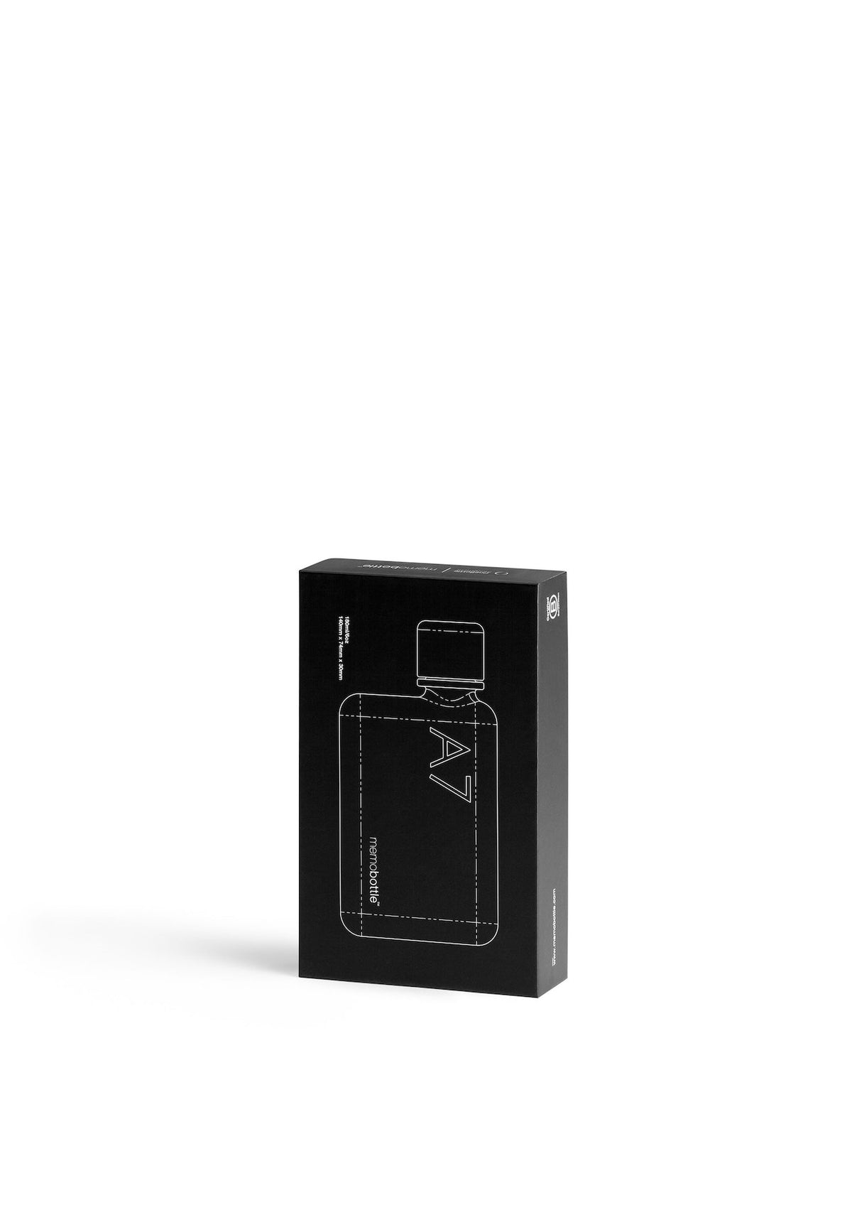A compact black box with an image of a MemoBottle A7 Memobottle.