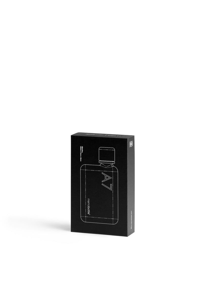 A compact black box with an image of a MemoBottle A7 Memobottle.