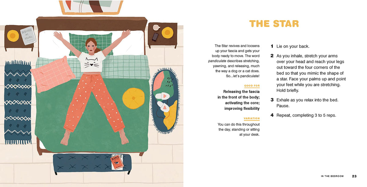Pajama Pilates page spread showing an illustrated exercise