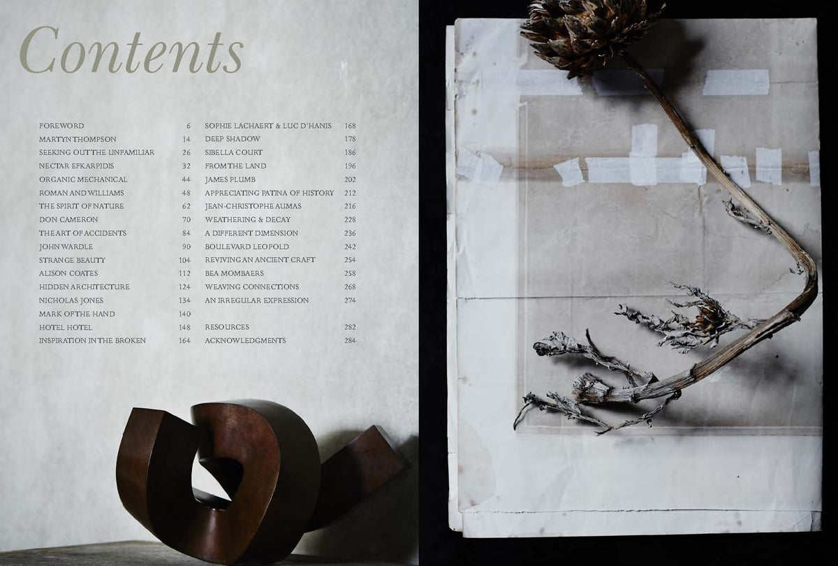 The contents of Perfect Imperfect | The Beauty Of Accident Age And Patina are shown next to a sculpture that exudes beauty and imperfection.