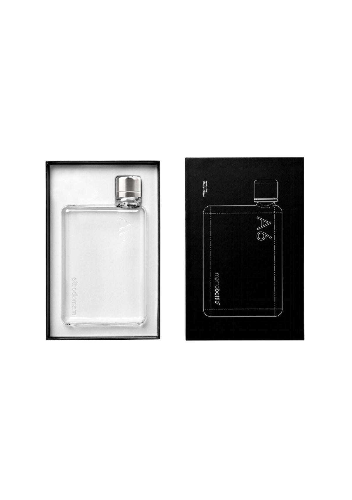 A sleek A6 Memobottle in a black box for portable hydration from MemoBottle.