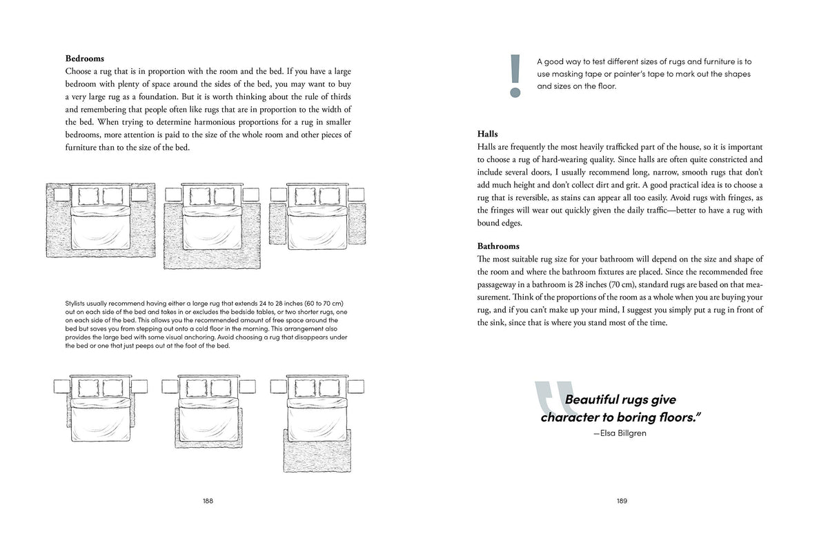 The Interior Design Handbook page spread showing a bedroom layout guide