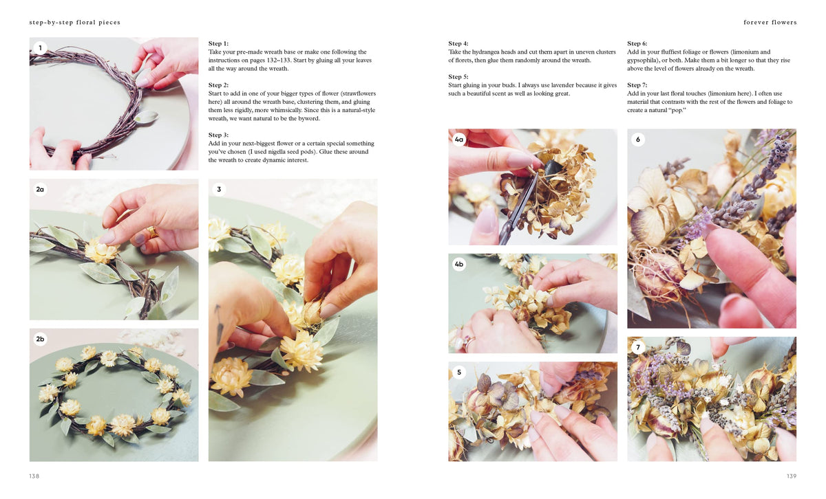 Forever Flowers page spread showing a dried flower installation
