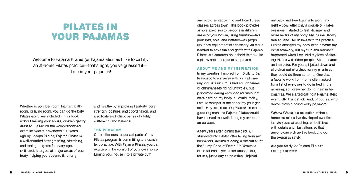 Pajama Pilates page spread showing a stretching exercise