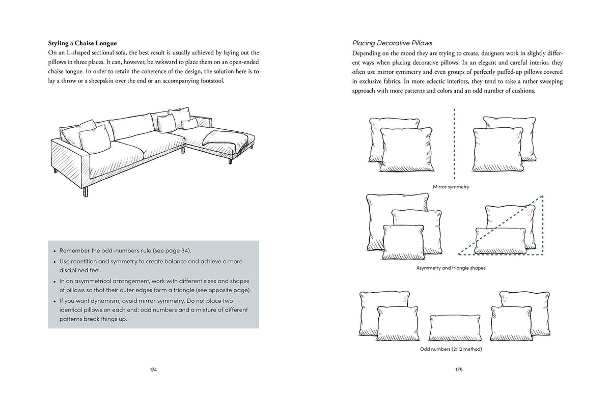The Interior Design Handbook page spread showing furniture arrangement guidance