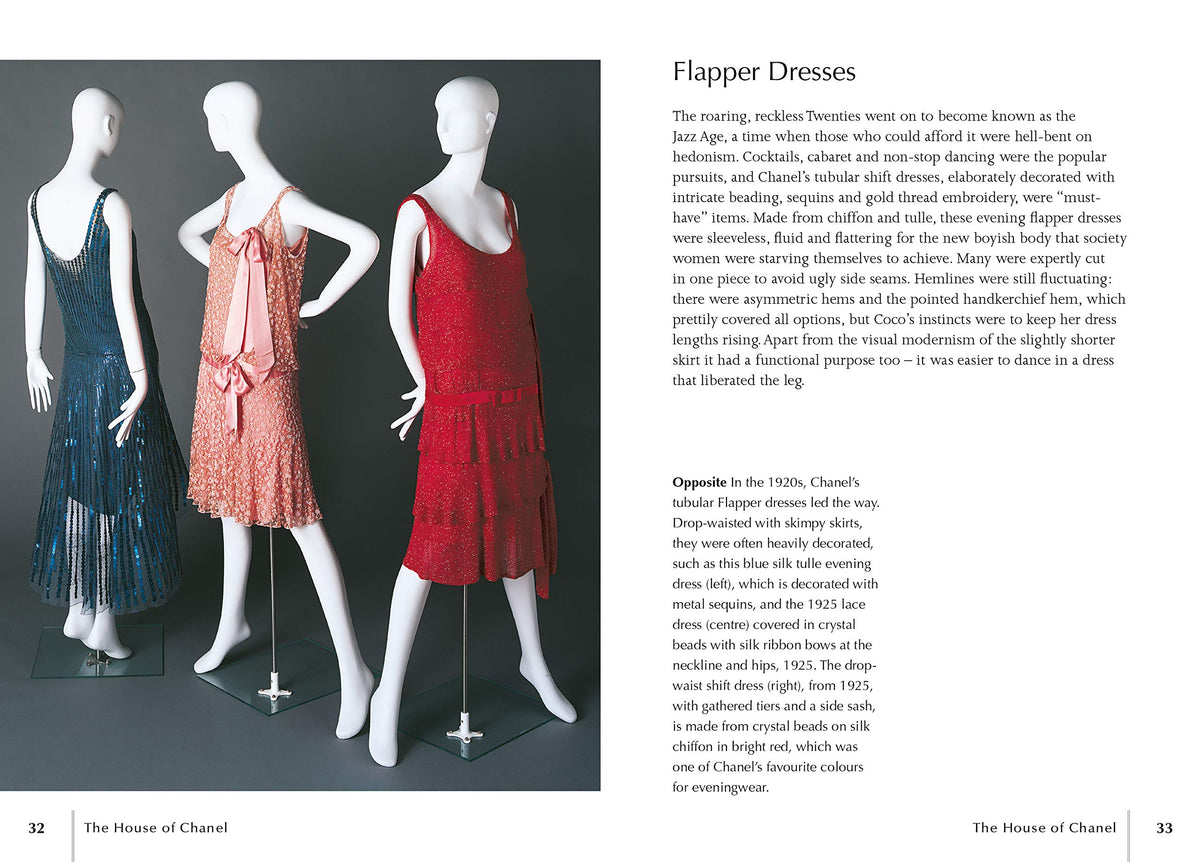 Flapper Dress spread showing three 1920s dresses on mannequins in navy, coral and red