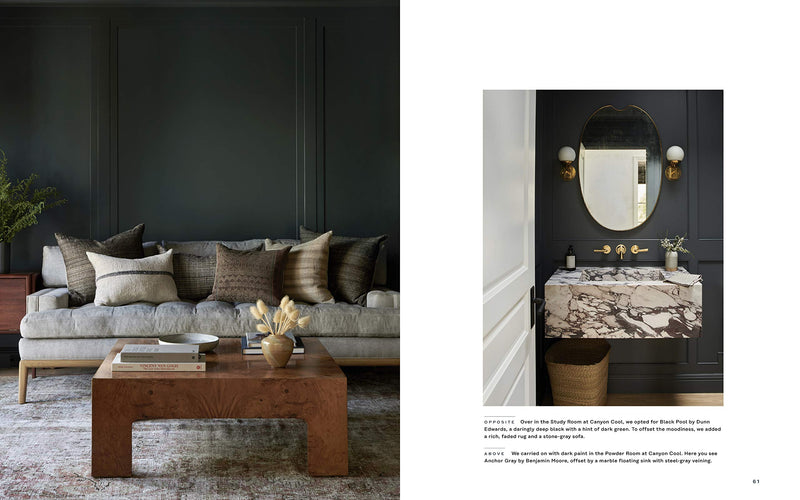 A Made for Living magazine spread showcasing an interiors designer's layered living room with black walls and a coffee table by Books.