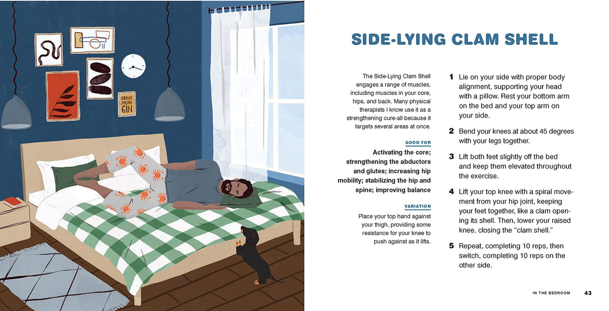 Pajama Pilates page spread showing a kitchen counter exercise