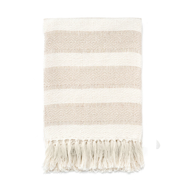 A Limited edition Striped Cotton Throw White-Taupe with fringes from Bovi Home Collection.