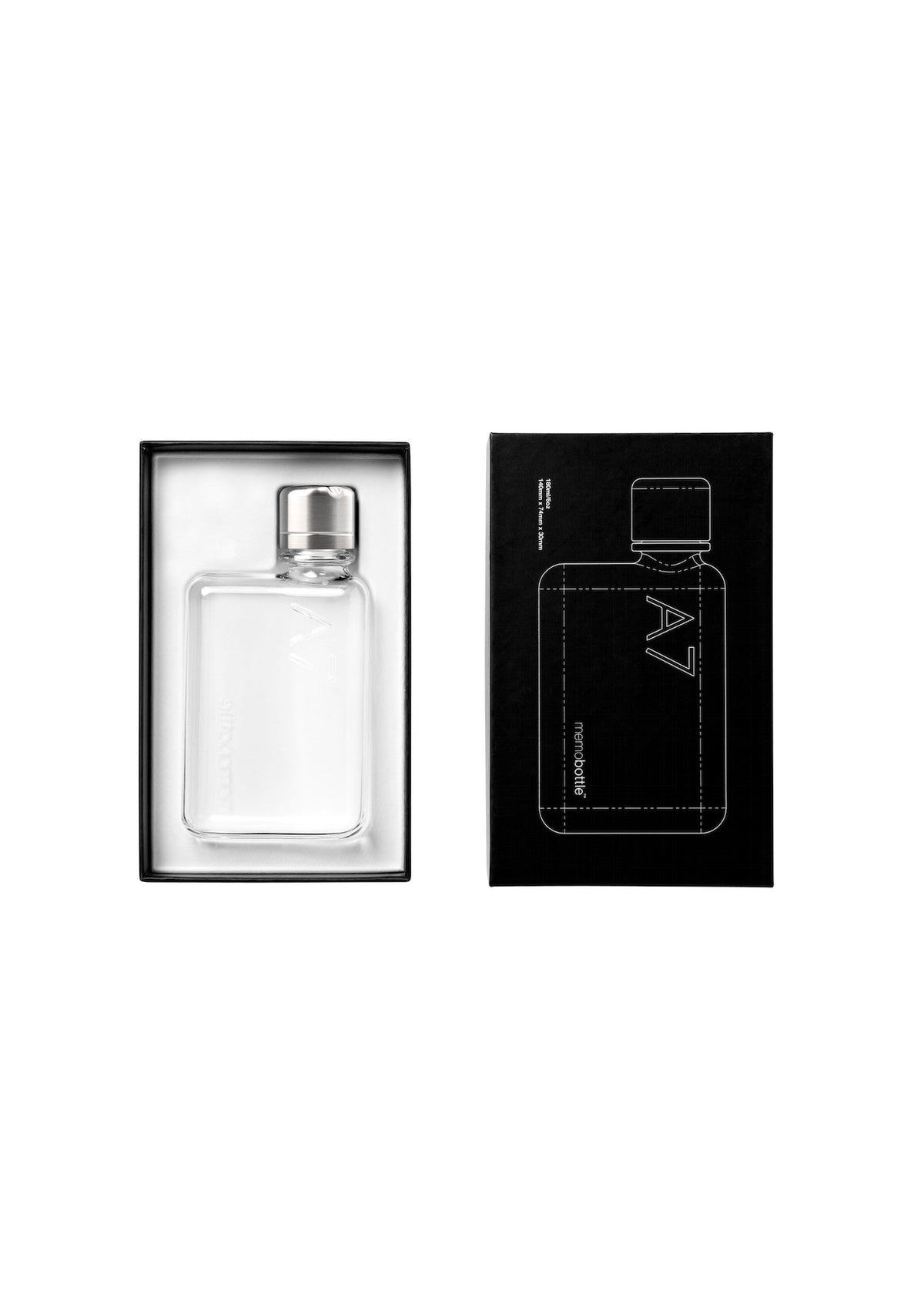 An A7 MemoBottle with a black label on it.